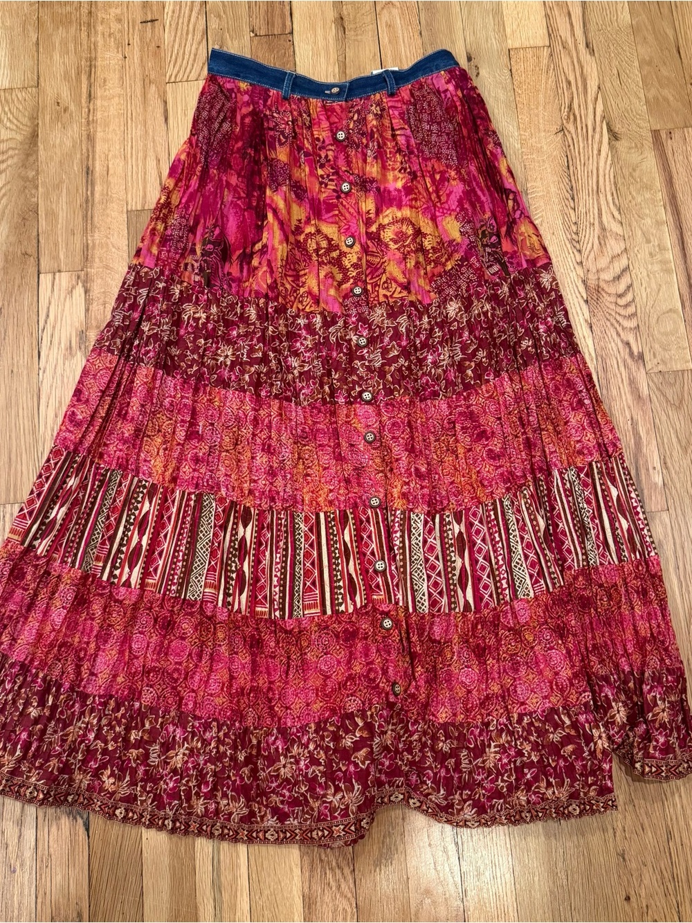 Y2K deadstock boho crinkle skirt w/denim waistband